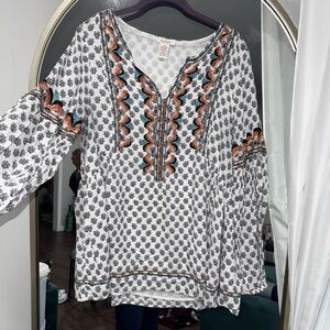Sundance White and Black Boho Blouse with Orange Accents